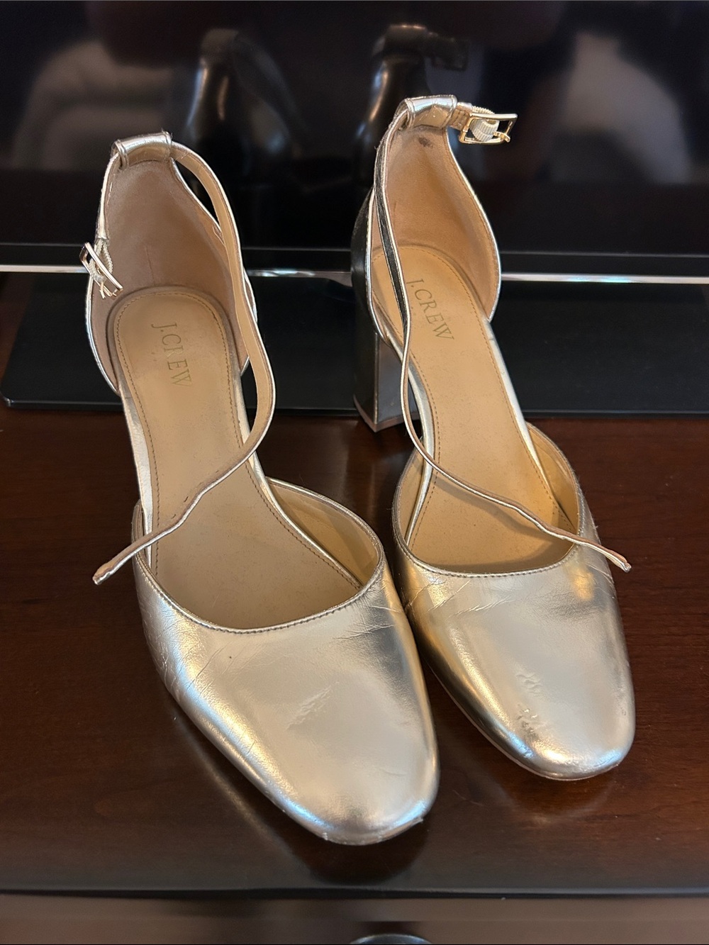 J. Crew Metallic Gold Ankle-Strap Block Heels